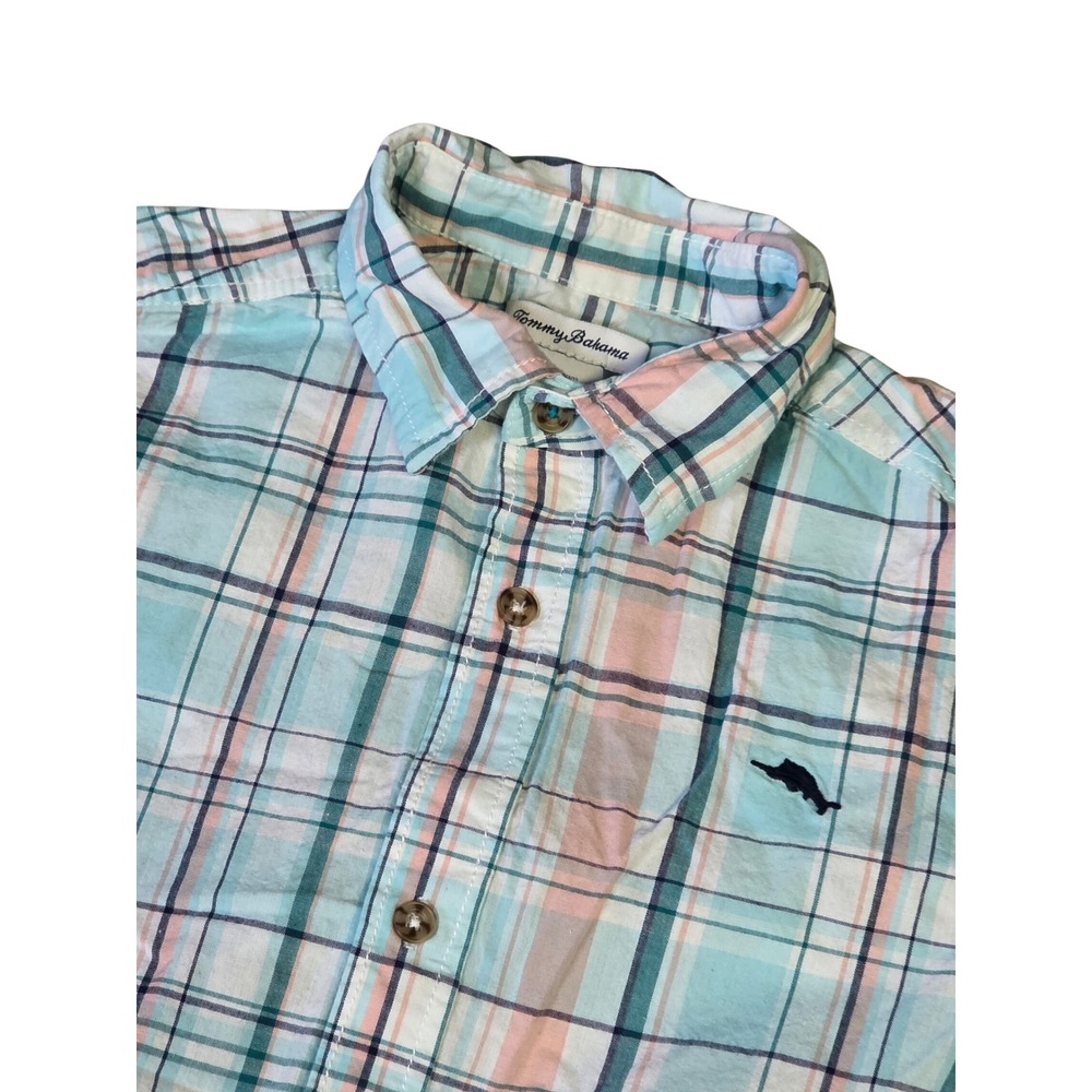 Tommy Bahama Boys Blue Pink Plaid Short Sleeve Button Down Shirt Size L 10/12
